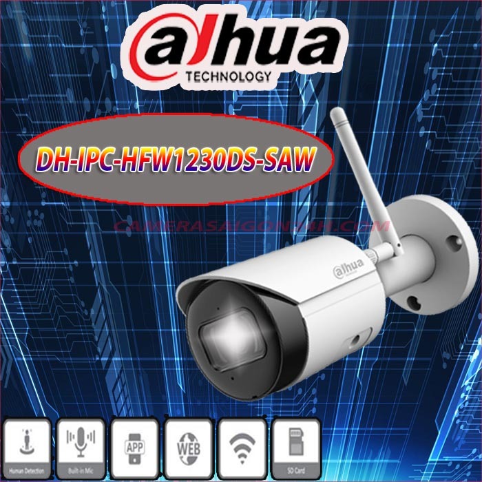 Dahua IPC-HFW1230DS-SAW, Telecamera Bullet 2MP Con Wi-Fi E IR, Ottica 3.6mm, Audio Integrato