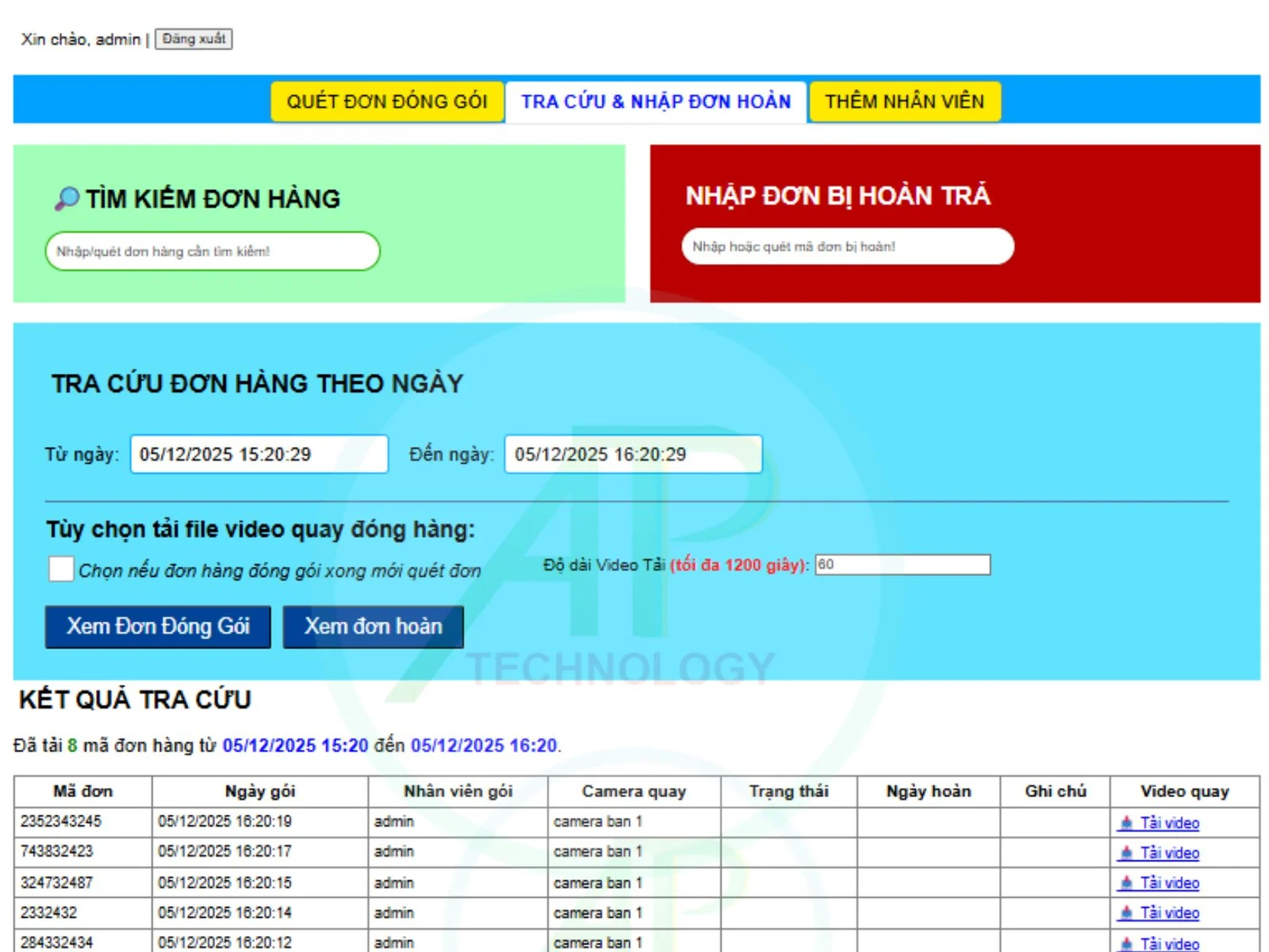 hình ảnh demo tool truy xuất video đóng gói