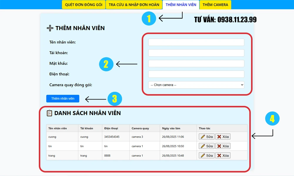 Hướng dẫn thêm nhân viên phần mềm camera quay video đóng hàng