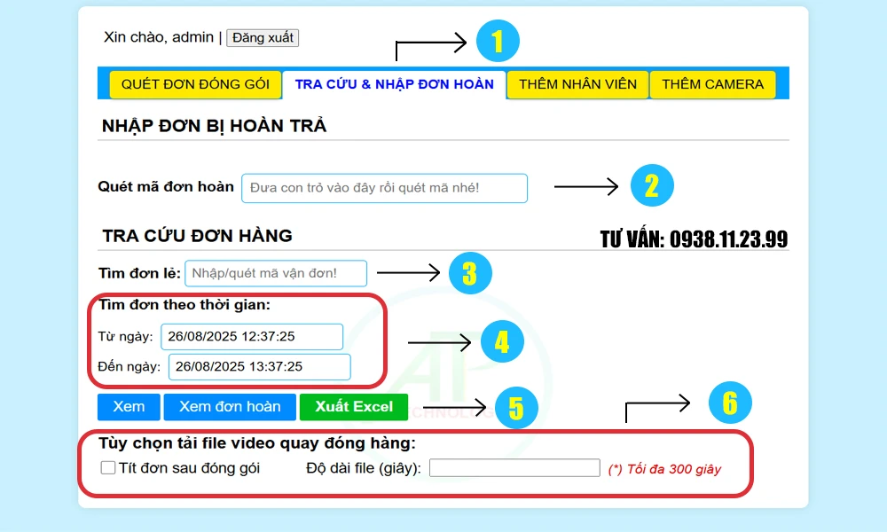 Hướng dẫn tra cứu đơn hàng phần mềm camera quay video đóng hàng
