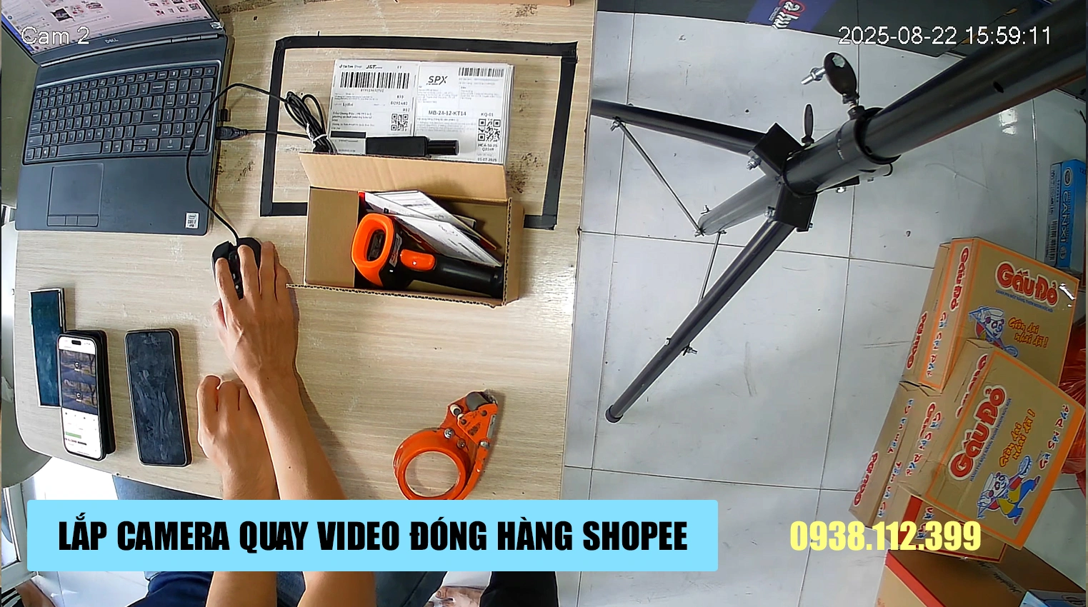 Demo Lắp camera quay video đóng hàng Shopee