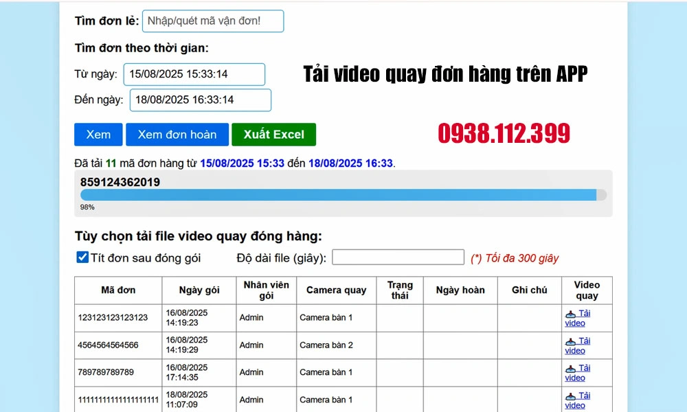 Phần mềm camera quay video đóng hàng