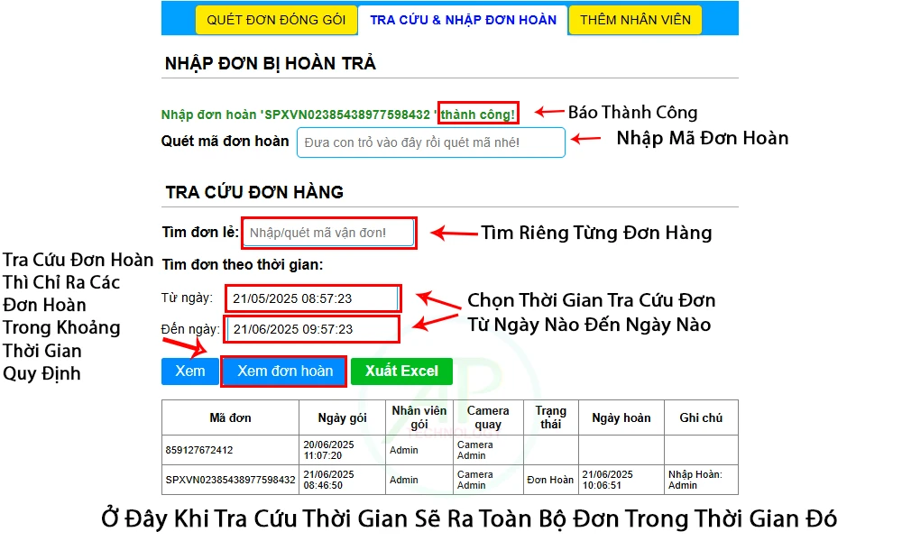 Tra cứu, nhập đơn hàng hoàn