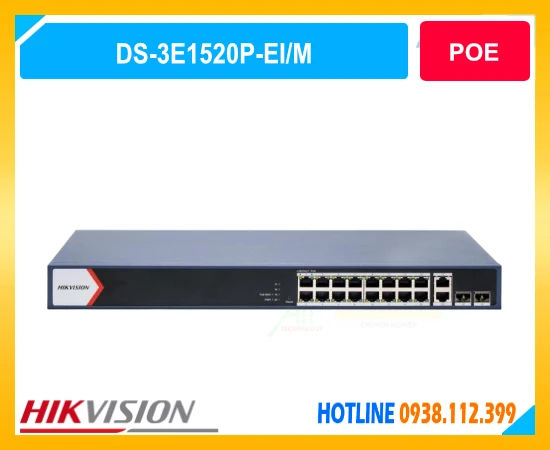 switch poe hikvision ds-3e1520p-ei/m, switch poe 16 cổng gigabit, switch hikvision 125w, smart managed poe switch, switch camera ip hikvision