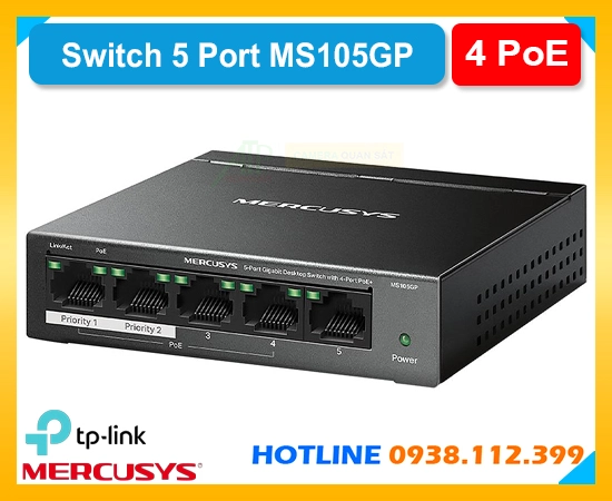 Switch Mercusys MS105GP, Mercusys MS105GP PoE+, MS105GP Gigabit 5 Port, Mercusys MS105GP, MS105GP PoE 65W, Mercusys MS105GP Isolation, Switch MS105GP 250m, switch chính hãng, switch giá rẻ.