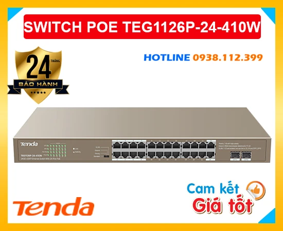 Switch 24 Port POE TENDA TEG1126P-24-410W, TENDA TEG1126P-24-410W, TEG1126P-24-410W, bộ chuyển mạch TENDA TEG1126P-24-410W, lắp đặt switch 24 cổng TENDA TEG1126P-24-410W, switch TENDA TEG1126P-24-410W giá rẻ,