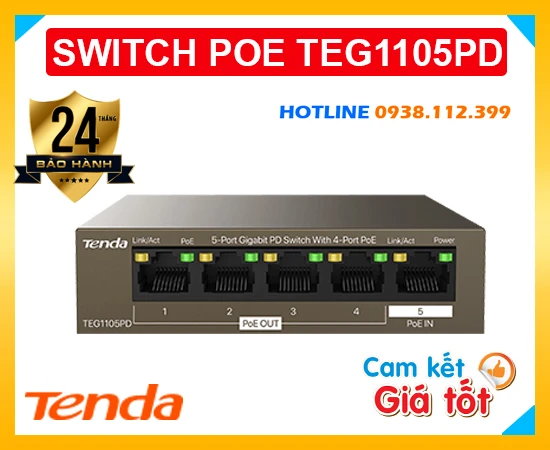 Bộ Chuyển Mạch 5 Cổng 1G POE TENDA TEG1105PD, Bộ Chuyển Mạch TENDA TEG1105PD, TENDA TEG1105PD, TEG1105PD, switch chia 5 port POE TENDA TEG1105PD, lắp đặt switch TENDA TEG1105PD, lắp switch TENDA TEG1105PD giá rẻ,