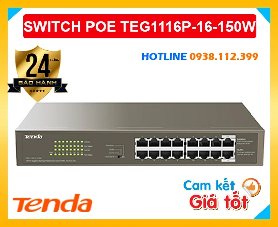 Switch POE 16 Port Gigabit TENDA TEG1116P-16-150W, TENDA TEG1116P-16-150W, TEG1116P-16-150W, thiết bị switch TENDA TEG1116P-16-150W, switch TENDA TEG1116P-16-150W giá rẻ, 