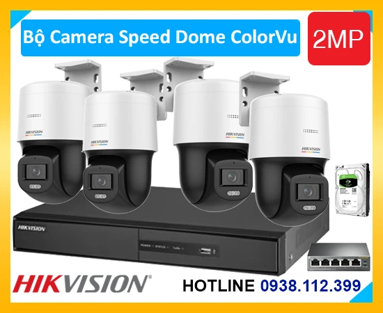 Bộ Camera Speed Dome ColorVu HIKVISION, Trọn bộ 04 camera Hikvision ColorVu, Bộ camera IP Speed Dome HIKVISION DS-2DE2C200SCG-E, lắp đặt bộ camera ColorVu HIKVISION, lắp bộ camera có màu ban đêm HIKVISION, bộ camera ColorVu HIKVISION giá rẻ,