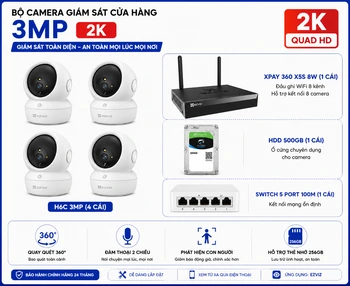 Bộ Camera Giám Sát Cửa Hàng Xpay 360 X5S 8W gồm 4 camera H6C Pro 3MP, quay 360°, AI phát hiện người, theo dõi tự động, đàm thoại 2 chiều, ghi hình 2K.
