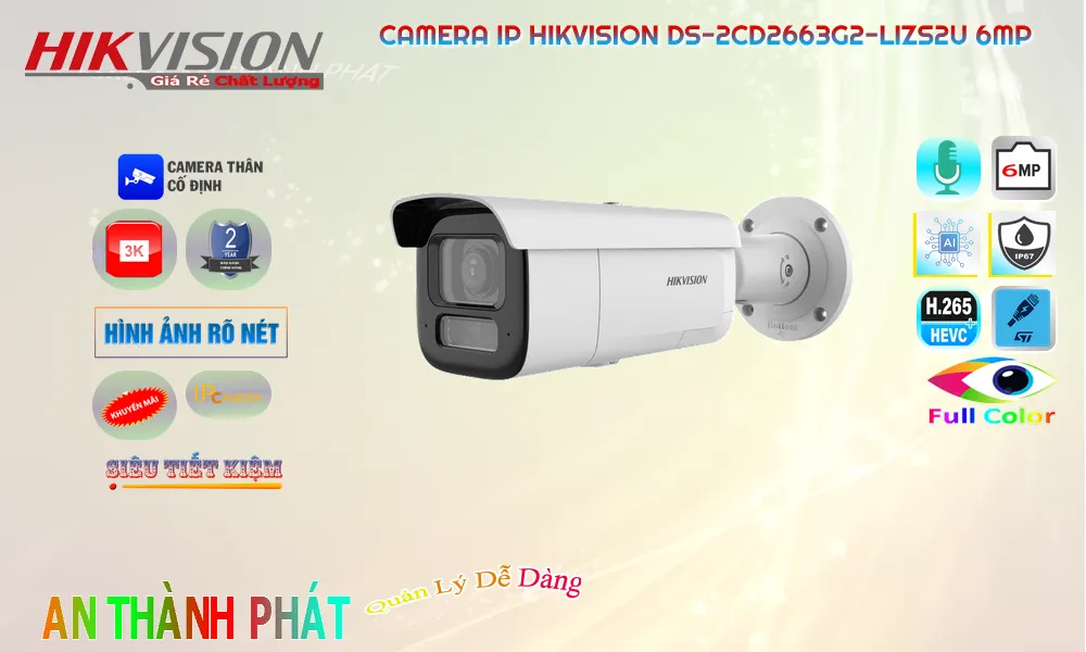 Camera IP PoE Hikvision DS-2CD2663G2-LIZS2U  6MP
