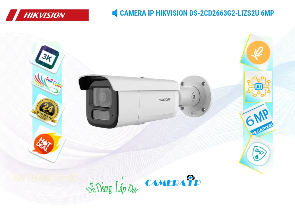 Camera IP PoE Hikvision DS-2CD2663G2-LIZS2U  6MP