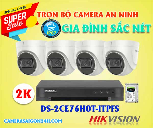 bộ camera an ninh gia đình chất lượng 2k, camera an ninh gia đình,lắp camera gia đình, camera siêu nét Hikvision DS-2CE76H0T-ITPFS, camera Hikvision