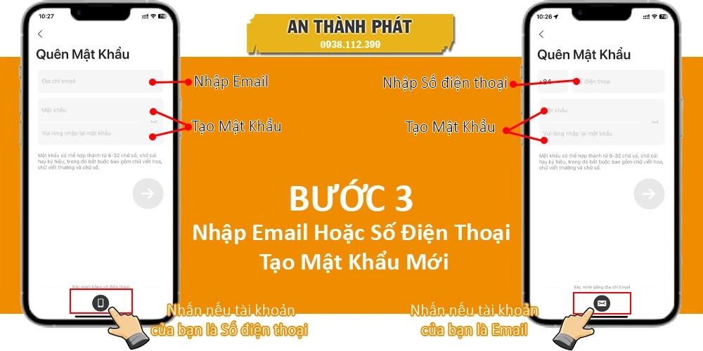 Nhập email/sdt và tạo mật khẩu mới 