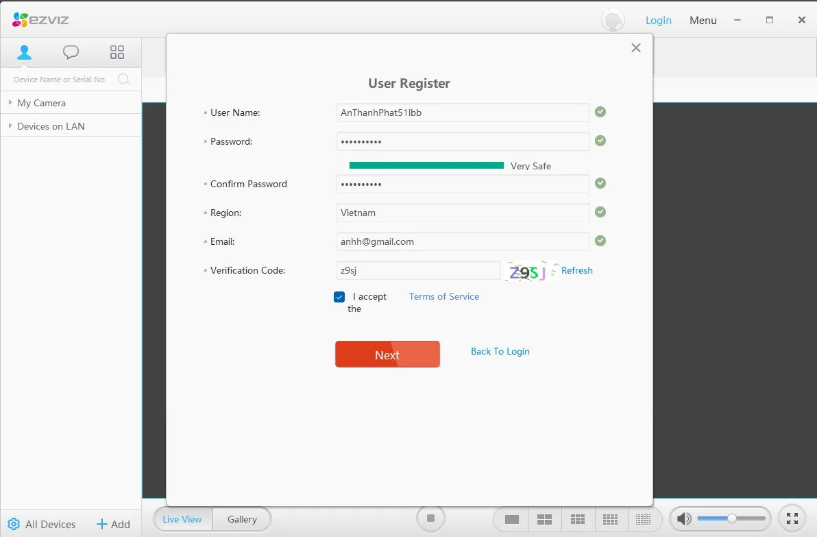 điền thông tin tạo tài khoản ezviz