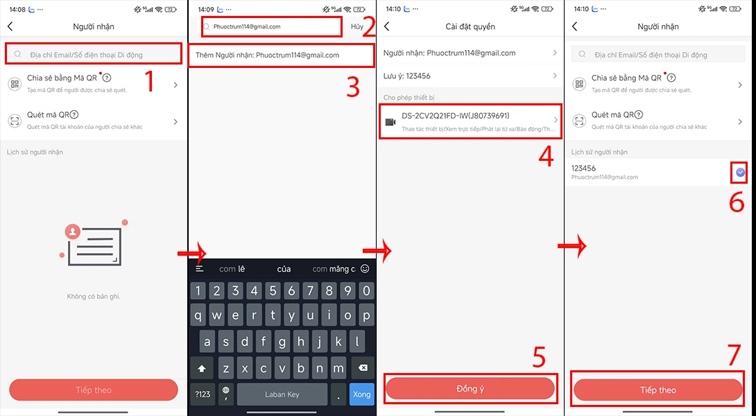 chia sẽ bằng số điện thoại hoặc gmail