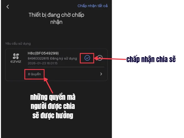 hoàn tất chia sẻ camera Ezviz