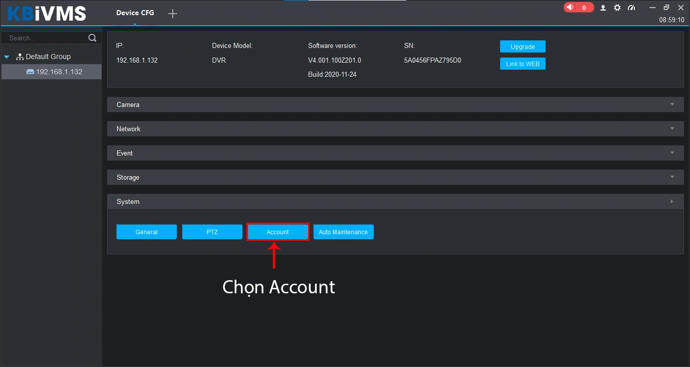chọn accunti để thay đổi mật khẩu kbvision