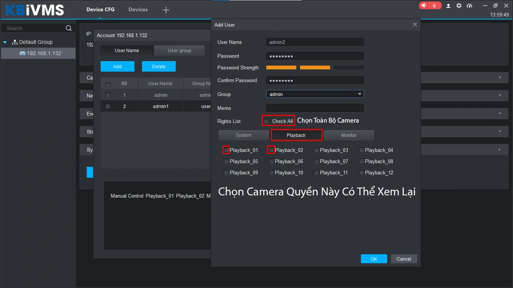 chọn camera có thể xem trực tiếp trong quyền này