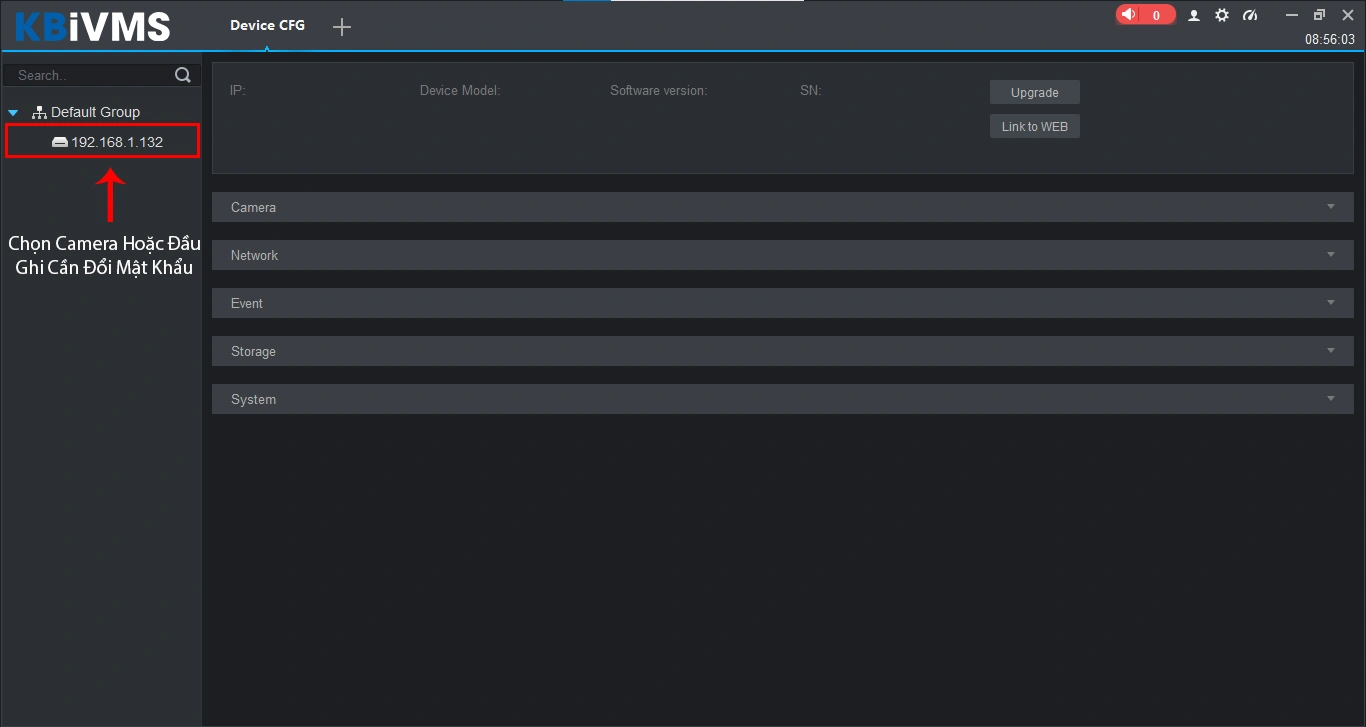 chọn camera hoặc đầu ghi để thay đổi mất khẩu