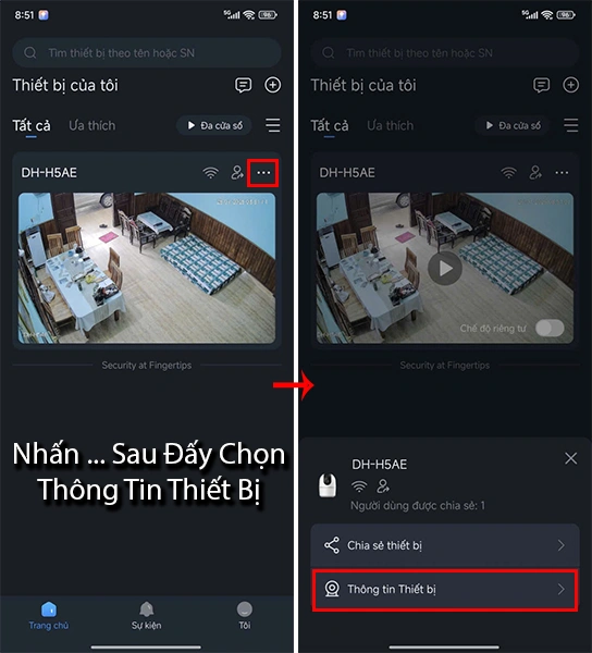 Chọn thông tin thiết bị để xem thông tin tài khoảng của camera