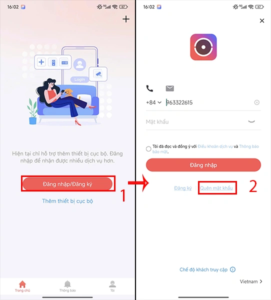 đăng nhập nhấn vào quên mật khẩu