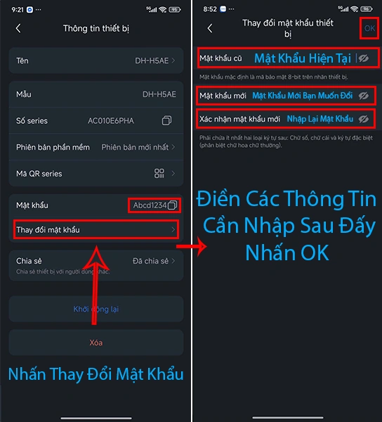 Nhận mật khẩu và điền thông tin mật khẩu mới để đổi mật khẩu
