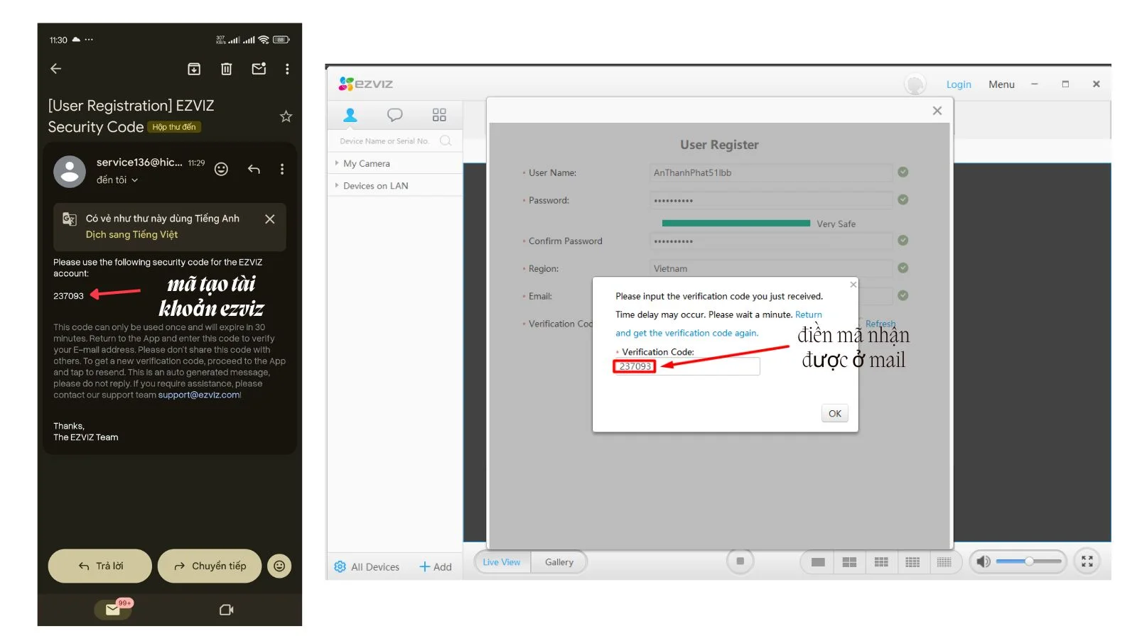 nhập mã xác nhận tài khoản ezviz
