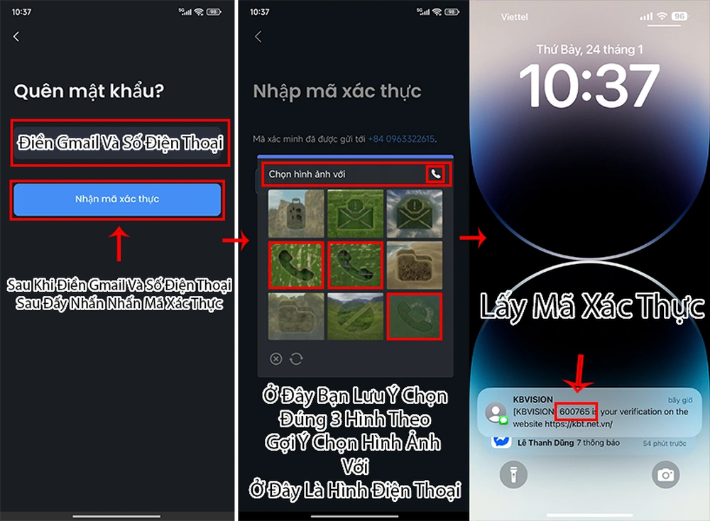 điền gmail hoặc số điện thoại, lấy mã xác nhận