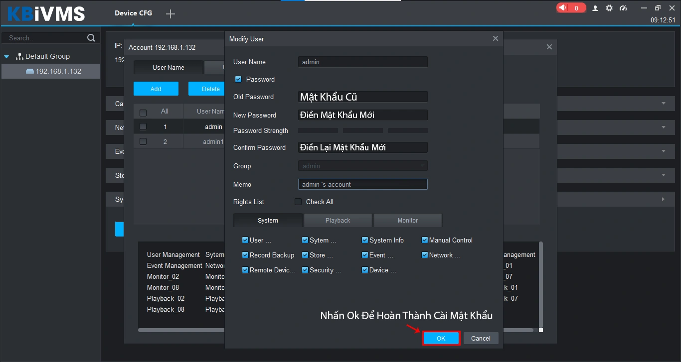 điền mật khẩu mới và mật khẩu cũ sau đấy nhấn ok