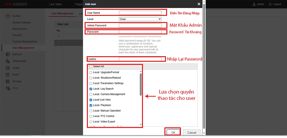 điền thông tin tài khoảng và cấp quyền camera hikvision