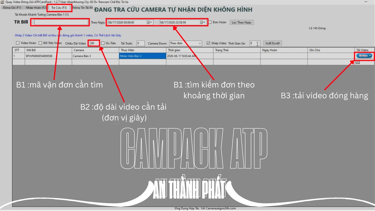 màn hình tra cứu của phần mềm campack atp