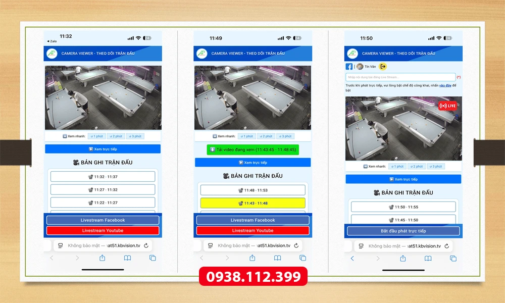 hình demo phần mềm camera quay bàn bida có livestream