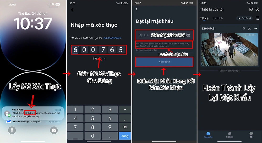lấy mã xác thực và điền mật khẩu mới