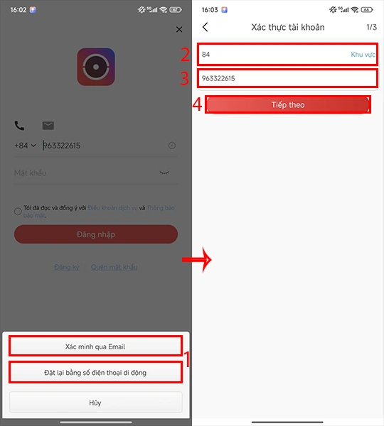 lựa chọn gmail hoặc số điện thoại để lấy lại mật khẩu