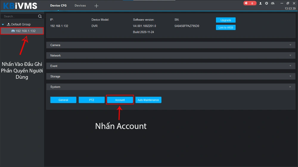 nhấn account để phân quyền người dùng