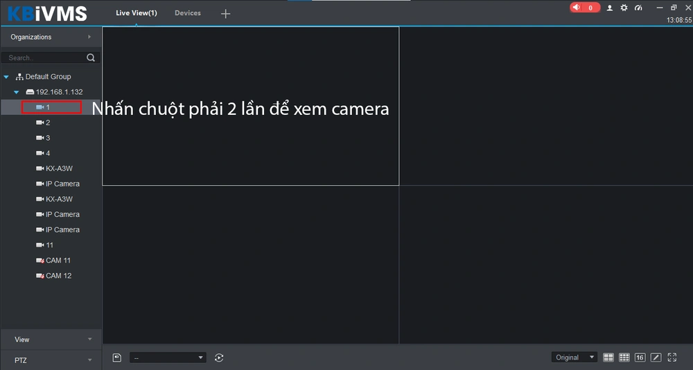 nhấn chuột phải 2 lần vào camera mình muốn xem