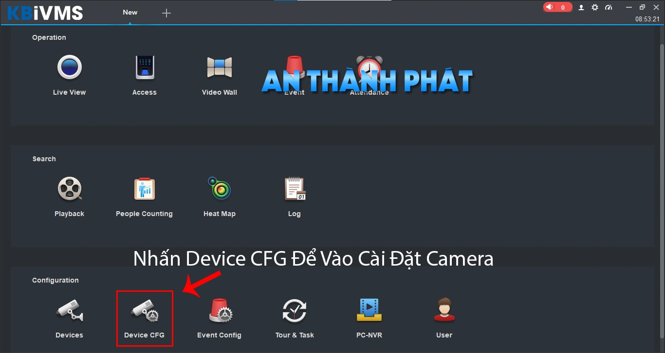 nhấn device cfg để đổi mật khẩu camera trên máy tính