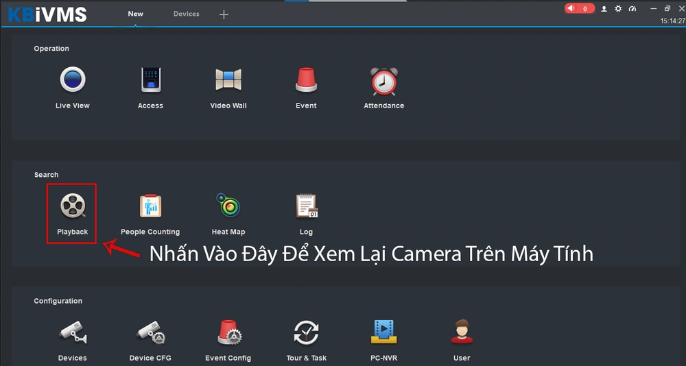 Nhấn vào mục playback trên máy tính kbvision