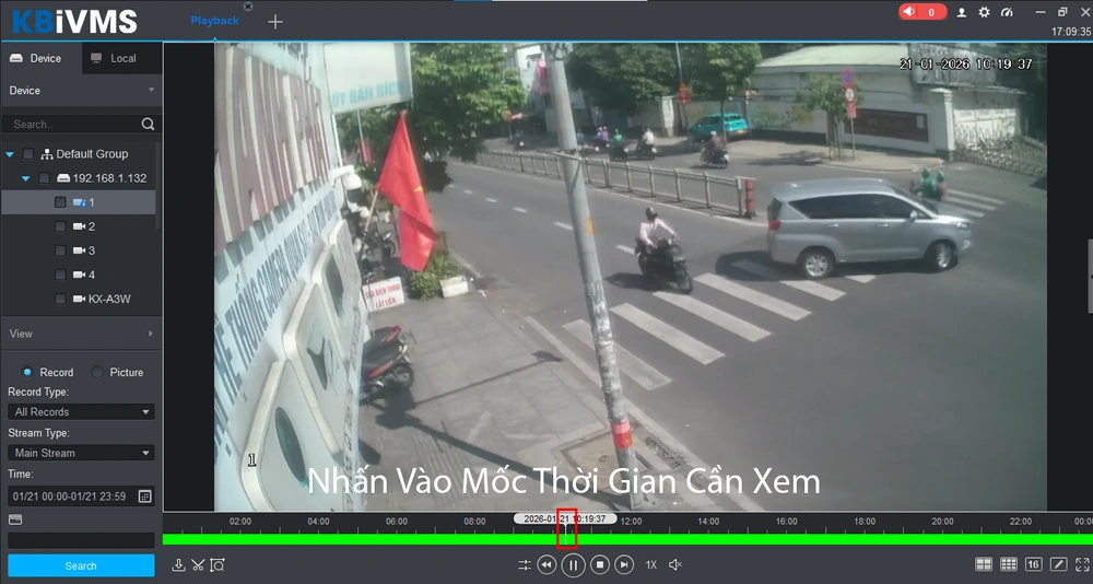nhấn vào mốc video cần xem lại kbvision