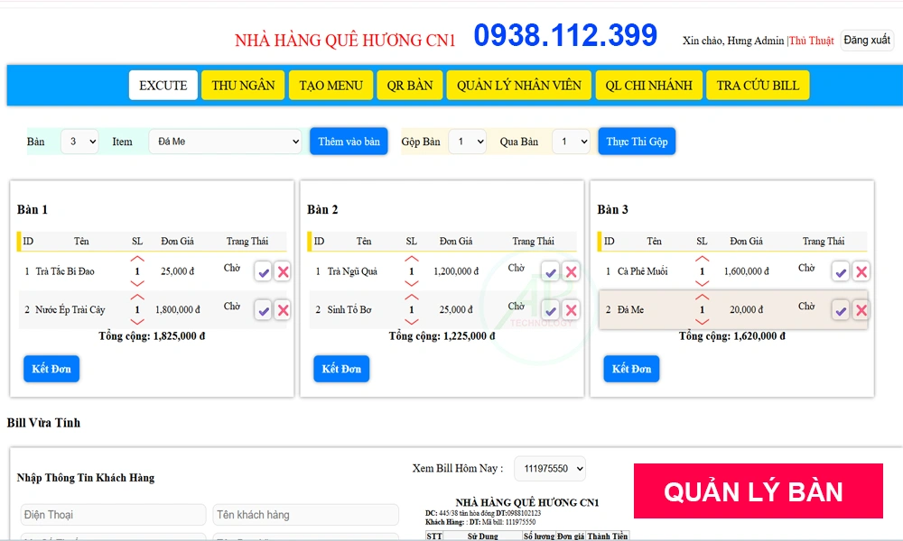 Tính năng phần mềm order quán cafe quản lý bàn