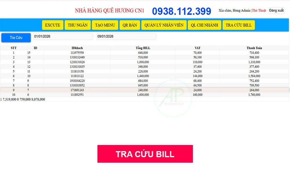 Tính năng phần mềm order quán cafe tra cứu bill