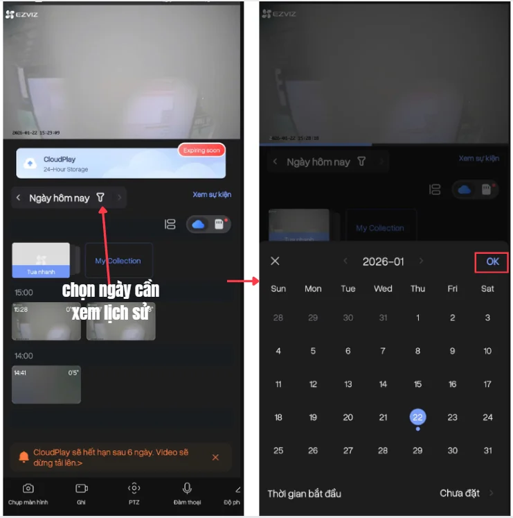 chọn ngày xem lại camera ezviz