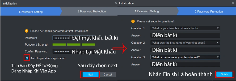 tạo mật khẩu và câu hỏi bảo mật