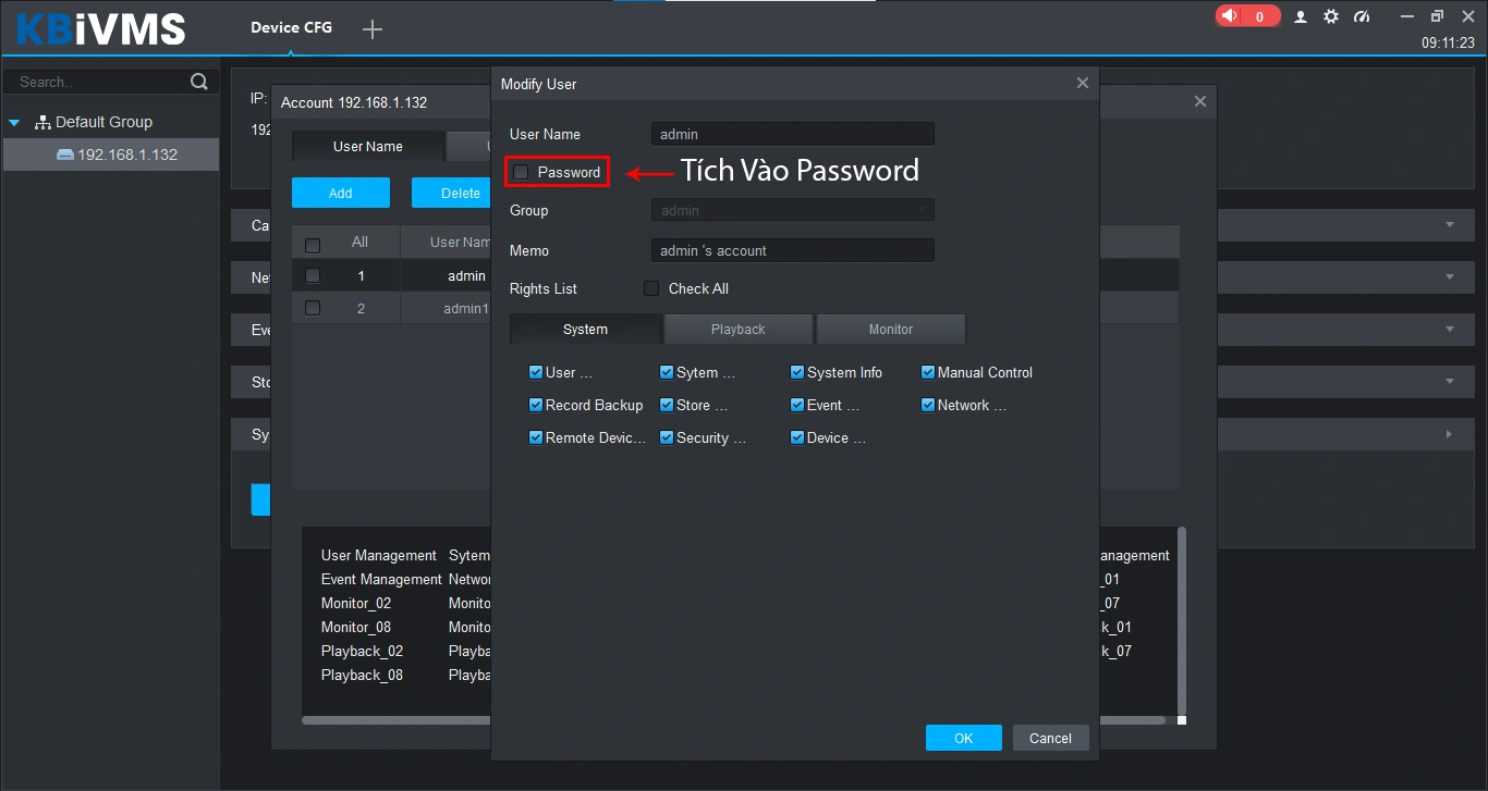 tích vào password để tiến hành đổi mật khẩu